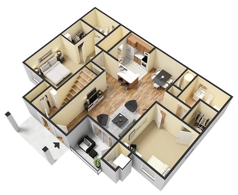A 3D floor plan of a house with multiple rooms and furniture.